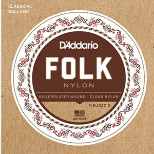 D'Addario EJ32C Folk Nylon Guitar Strings, Ball End, Silver Wound/Clear Nylon Trebles